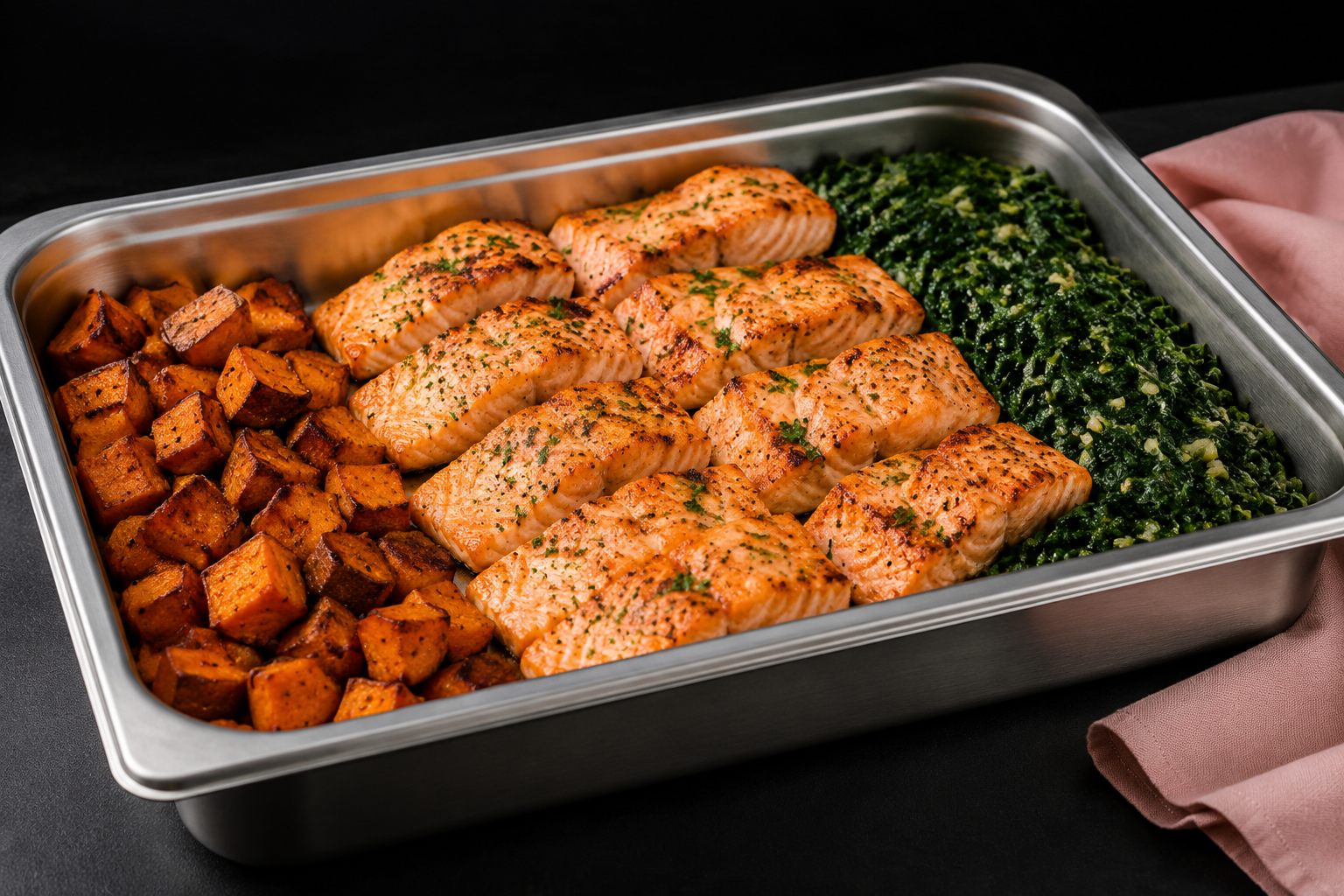 Grilled salmon, sweet potatoes, and spinach in a catering pan