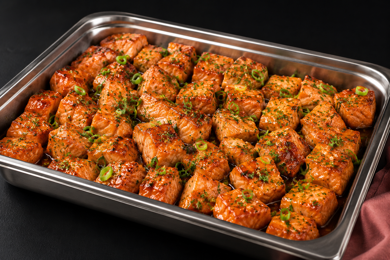 Honey-glazed salmon bites in a catering pan