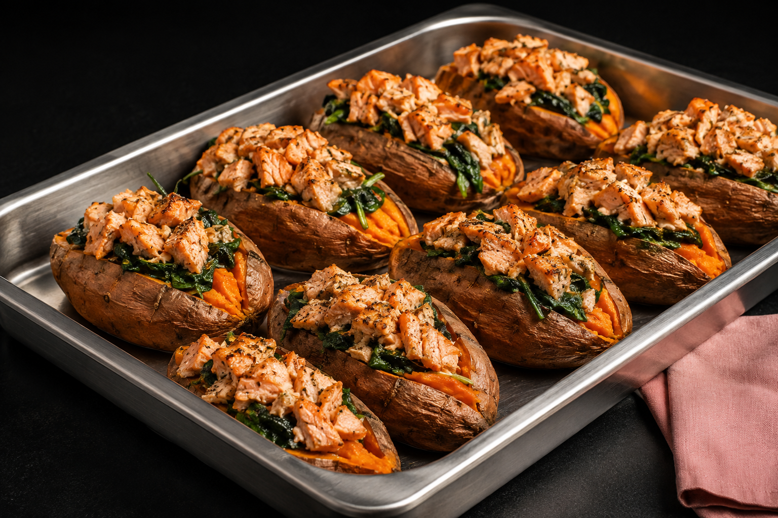 Loaded sweet potatoes with salmon and spinach in a catering tray