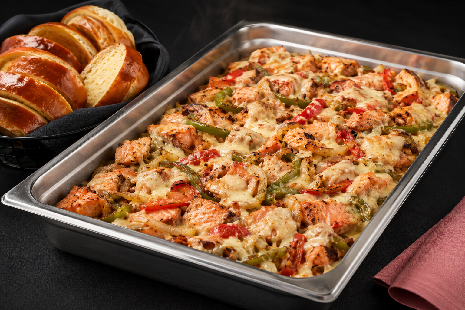 Salmon Philly filling and brioche rolls prepared for catering